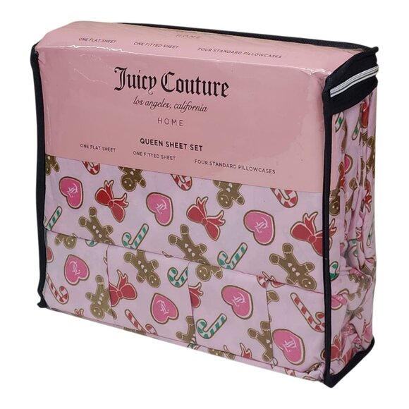 Juicy Couture Queen Sheet Set Candy Cane & Gingerbread 4 Pillowcases Polyester - Picture 3 of 7